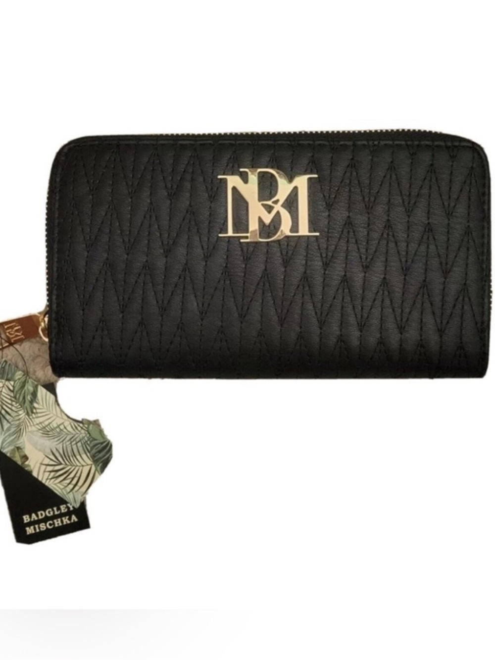 Badgley Mischka Wallet Clutch Wristlet Diamond Vegan Leather Black Gold NWT